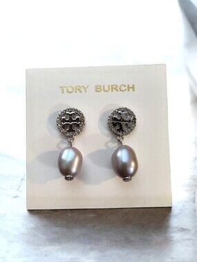 🆕️ Tory Burch silver-tone pavé crystal logo studs grey pearl drop